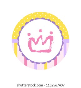 Cartoon hand drawn Crown icon for a little Princess or Prince. Baby shower tag, sticker for shop advertising. Vector illustration isolated on white background