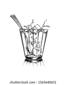 Cartoon hand drawn cup of tea with sugar cubes and spoon in black color. Isolated on white background. Drawing for posters, decoration and print. Vector sketch illustration