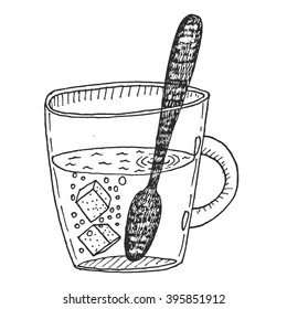 Cartoon hand drawn cup of tea with sugar cubes and black spoon. Vector sketch illustration