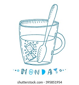 Cartoon hand drawn cup of tea with sugar cubes. Vector sketch illustration
