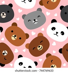 Cartoon Hand Drawn, Cute Bear Seamless Pattern, Vector illustration