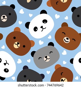 Cartoon Hand Drawn, Cute Bear Seamless Pattern, Vector illustration