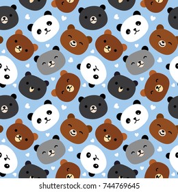 Cartoon Hand Drawn, Cute Bear Seamless Pattern, Vector illustration