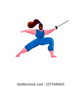 Cartoon hand drawn Cute plus size swordswoman. Fitness fencing concept. Tricky nimble plump woman stands with rapier. fencing sport print for shirt. Flat illustration on white background