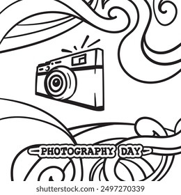 Cartoon hand drawn design of camera with abstract waving line art background. good template for world photography day design