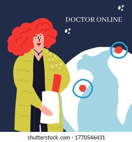 Cartoon hand drawn design. Medical illustration.  Online medical assistance service. Banner  or website template