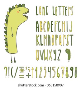 Cartoon hand drawn doodle alphabet. Children letters collection. Long letters, numbers with monster in purple colors