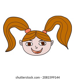 Cartoon hand drawn doodle baby girl face with ponytails