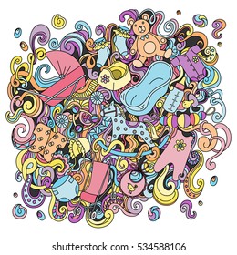 Cartoon hand drawn Doodle Baby vector illustration. Colorful detailed design background with objects and symbols