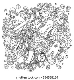 Cartoon hand drawn Doodle Baby vector illustration. Sketch detailed design background with objects and symbols