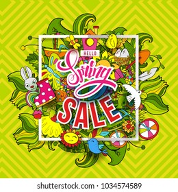 Cartoon hand drawn Doodle Big Spring Sale art. For banners, posters, flyers, cards, invitations. Vector illustration. Colorful detailed background with objects and symbols. All objects are separated
