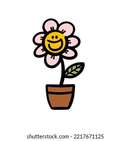 Cartoon Hand Drawn Doodle Flower In The Pot With Smile On Human Face. Vector Illustration Of Domestic Garden Plant.