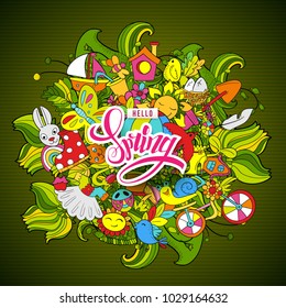 Cartoon hand drawn Doodle Hello Spring art. For banners, posters, flyers, cards, invitations. Vector illustration. Colorful detailed background with objects and symbols. All objects are separated