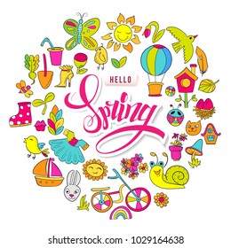 Cartoon hand drawn Doodle Hello Spring frame. For banners, posters, flyers, cards, invitations. Vector illustration. Colorful detailed background with season symbols. All objects are separated