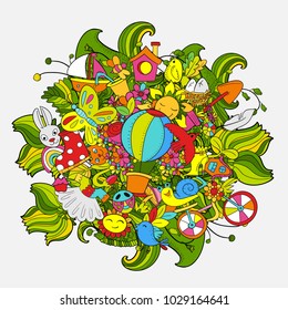Cartoon hand drawn Doodle Hello Spring art. For banners, posters, flyers, cards, invitations. Vector illustration. Colorful detailed background with objects and symbols. All objects are separated