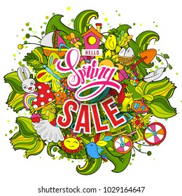 Cartoon hand drawn Doodle Hello Spring Sale art. For banners, posters, flyers, cards, invitations. Vector illustration. Colorful detailed background with objects and symbols. All objects are separated