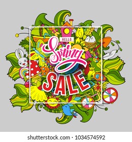 Cartoon hand drawn Doodle Hello Spring Sale art. For banners, posters, flyers, cards, invitations. Vector illustration. Colorful detailed background with objects and symbols. All objects are separated