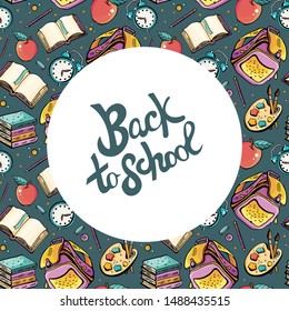 Cartoon hand drawn Doodle illustration concept back to school. Colorful frame detailing place under the text, with lots of objects vector background design. Cute, childish style hand-drawn.