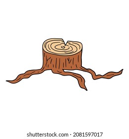 Cartoon hand drawn doodle stump with roots