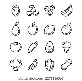 Cartoon hand drawn doodle style fruit and vegetable icons. Black and white line art. Cute simple pictograms, vector illustration set.