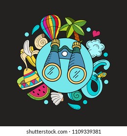 Cartoon hand drawn Doodle summer holiday poster design template. Very detailed, with lots of individual elements. All elements are isolated.