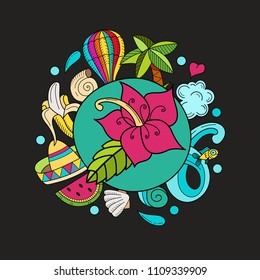 Cartoon hand drawn Doodle summer holiday poster design template. Very detailed, with lots of individual elements. All elements are isolated.