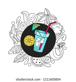 Cartoon hand drawn Doodle summer holiday poster design template. Very detailed, with lots of individual elements. All elements are isolated.