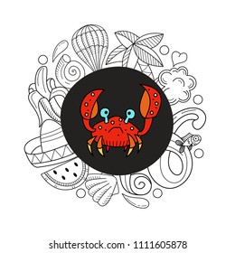 Cartoon hand drawn Doodle summer holiday poster design template. Very detailed, with lots of individual elements. All elements are isolated.