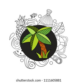 Cartoon hand drawn Doodle summer holiday poster design template. Very detailed, with lots of individual elements. All elements are isolated.