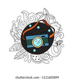 Cartoon hand drawn Doodle summer holiday poster design template. Very detailed, with lots of individual elements. All elements are isolated.