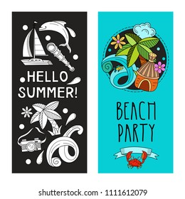 Cartoon hand drawn Doodle summer holiday poster design template. Very detailed, with lots of individual elements. All elements are isolated.