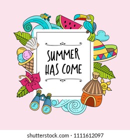 Cartoon hand drawn Doodle summer holiday poster design template. Very detailed, with lots of individual elements. All elements are isolated.