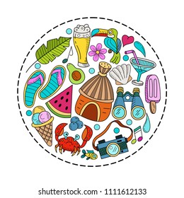 Cartoon hand drawn Doodle summer holiday poster design template. Very detailed, with lots of individual elements. All elements are isolated.