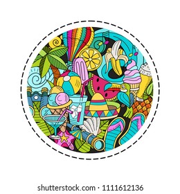 Cartoon hand drawn Doodle summer holiday poster design template. Very detailed, with lots of individual elements. All elements are isolated.