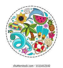 Cartoon hand drawn Doodle summer holiday poster design template. Very detailed, with lots of individual elements. All elements are isolated.