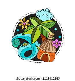 Cartoon hand drawn Doodle summer holiday poster design template. Very detailed, with lots of individual elements. All elements are isolated.