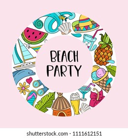 Cartoon hand drawn Doodle summer holiday poster design template. Very detailed, with lots of individual elements. All elements are isolated.