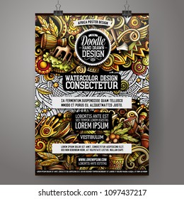 Cartoon hand drawn doodles Africa poster design template. Very detailed, with lots of separate objects illustration. Funny vector artwork.