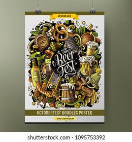 Cartoon hand drawn doodles Beer fest poster design template. Very detailed, with lots of objects illustration. Funny vector artwork.