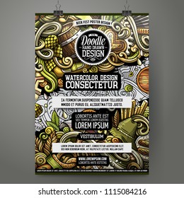 Cartoon hand drawn doodles Beer fest poster design template. Very detailed, with lots of objects illustration. Funny vector artwork.