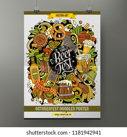 Cartoon hand drawn doodles Beer fest poster design template. Very detailed, with lots of objects illustration. Funny vector artwork.