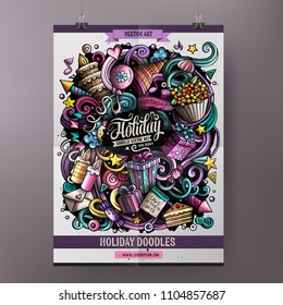 Cartoon hand drawn doodles Birthday poster design template. Very detailed, with lots of objects illustration. Funny vector artwork.