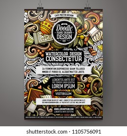Cartoon hand drawn doodles Cafe poster design template. Very detailed, with lots of objects illustration. Funny vector artwork.