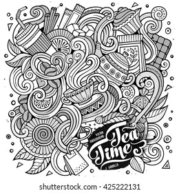 Cartoon hand drawn doodles cafe, coffee shop illustration. Line art detailed, with lots of objects vector design background