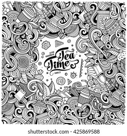 Cartoon hand drawn doodles cafe, coffee shop illustration. Line art detailed, with lots of objects vector frame design background