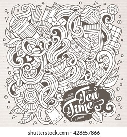 Cartoon hand drawn doodles cafe, coffee shop illustration. Line art detailed, with lots of objects vector design background