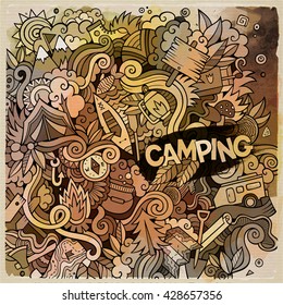 Cartoon hand drawn doodles camping illustration. Line art watercolor detailed, with lots of objects vector design background