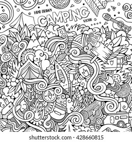 Cartoon hand drawn doodles camping illustration. Line art detailed, with lots of objects vector design background