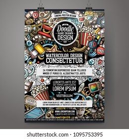 Cartoon hand drawn doodles Cinema poster design template. Very detailed, with lots of separate objects illustration. Funny vector artwork.