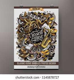 Cartoon hand drawn doodles Classic music poster design template. Very detailed, with lots of separate objects illustration. Funny vector artwork.